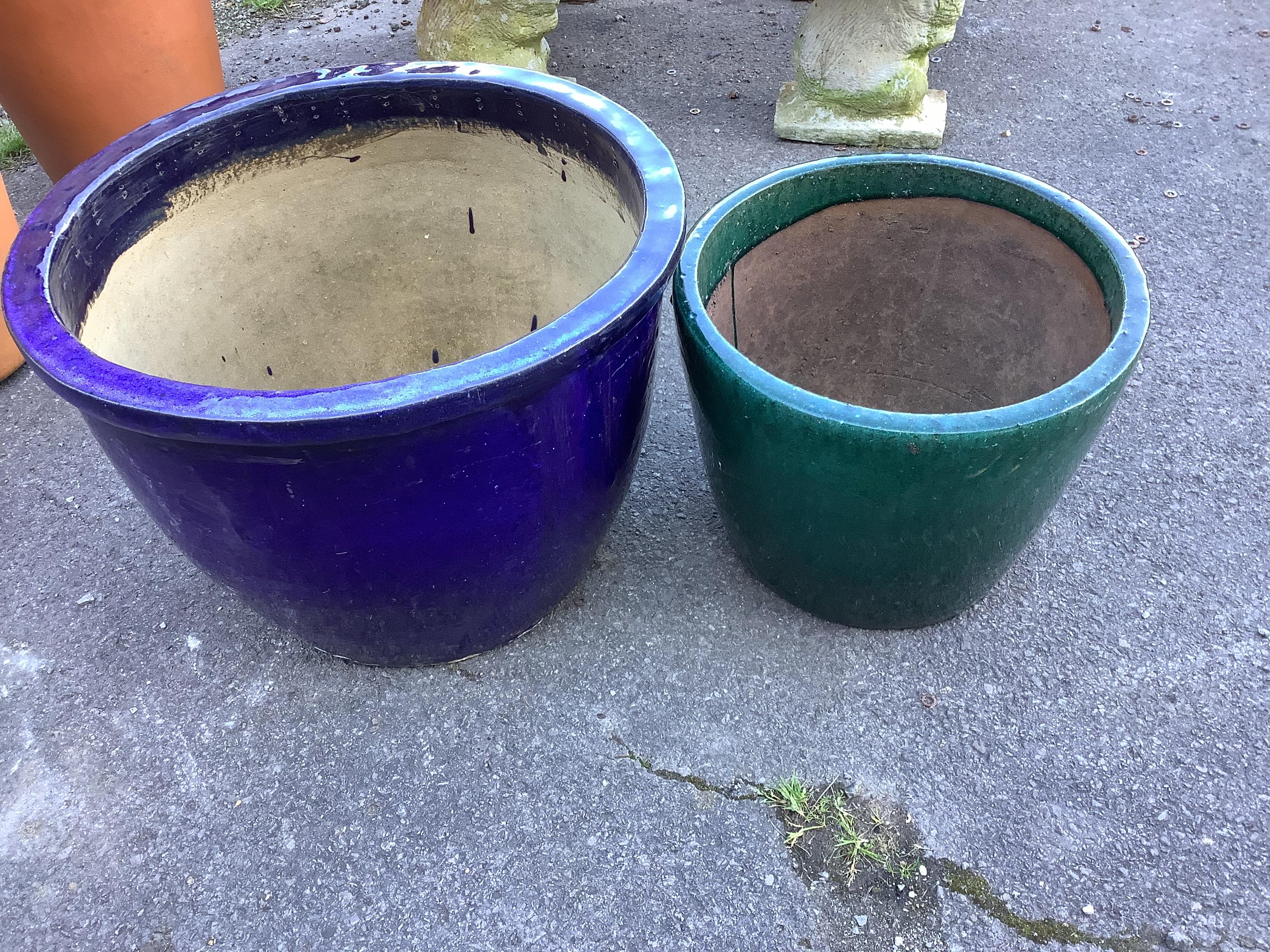 Two large circular glazed pottery garden planters, larger diameter 51cm, height 40cm